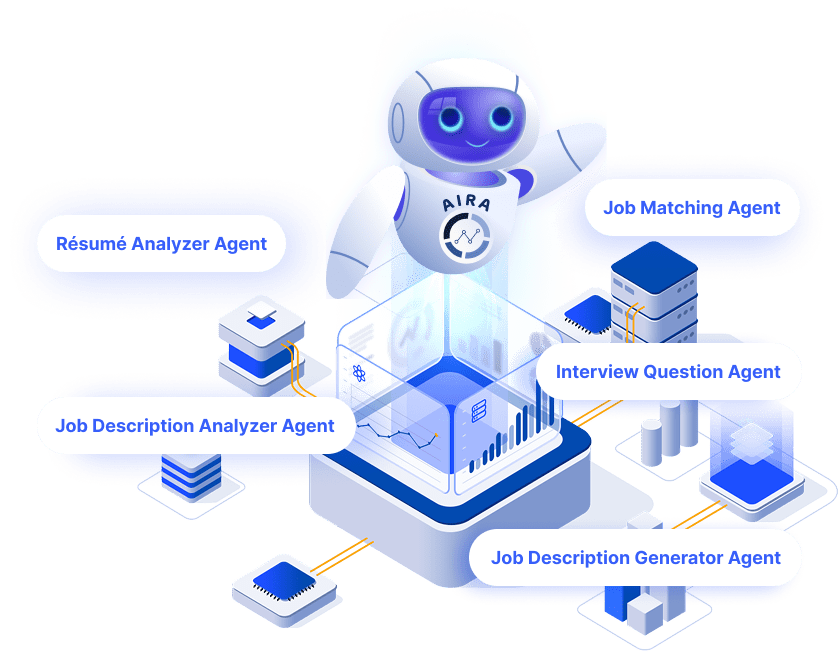 EDLIGO AIRA AI Recruiter Agents Resume Matching Job Description Interview EN Illustration of AIRA AI-Recruiter Agents showing Résumé Analyzer, Job Matching, Job Description Generator, Job Description Analyzer, and Interview Question Agent working together to automate recruitment.