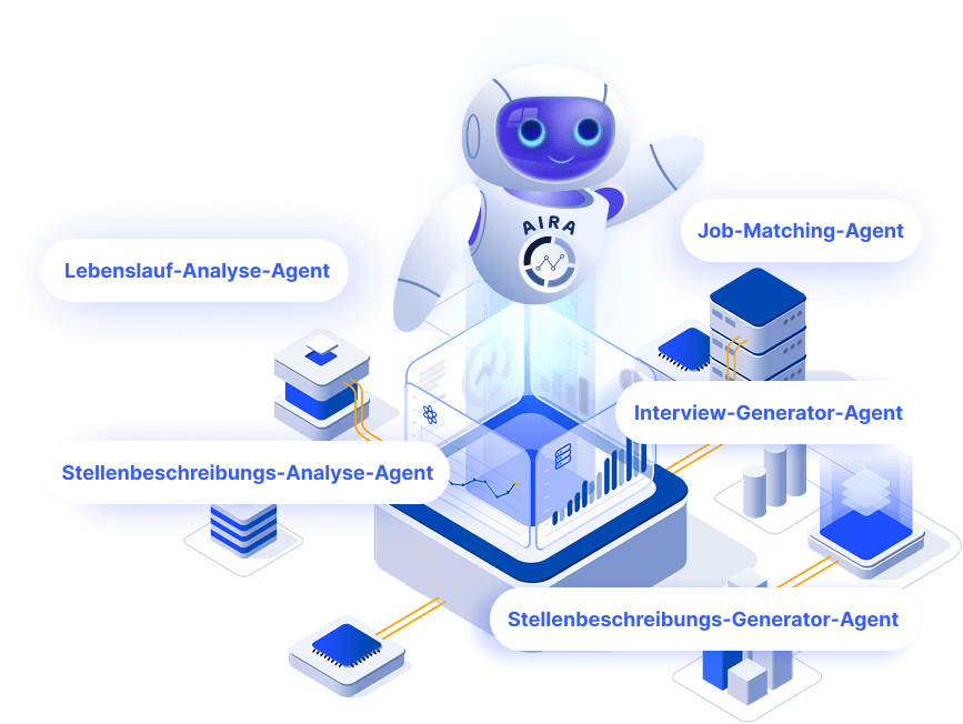 Illustration der AIRA KI-Recruiter-Agenten mit Lebenslauf-Analyse, Job-Matching, Stellenbeschreibungs-Generator und -Analyse sowie Interviewfragen-Agent, die gemeinsam das Recruiting automatisieren.
