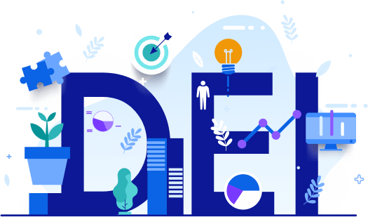 Diversity, Equity and Inclusion DEI lettering with charts, a target and a light bulb