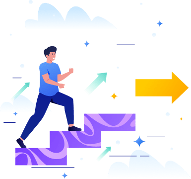Employee Experience and Development Person climbing steps with upward arrows representing career development
