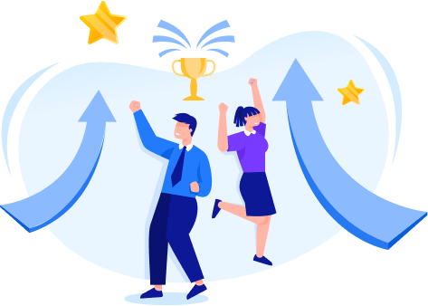 Internal Mobility and Career Growth Two people celebrating beside upward arrows and a trophy