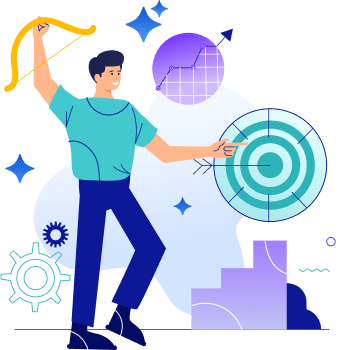 Skills Assessment Efficiency Person aiming a bow at a target beside a chart and gears